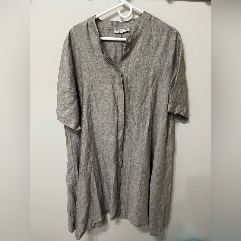 Bryn Walker large gray tan lagenlook linen button up short sleeve tunic - Picture 1 of 9